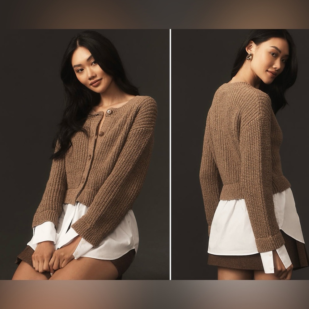 Anthropologie Brown Knit Sweater with White Layered Hem